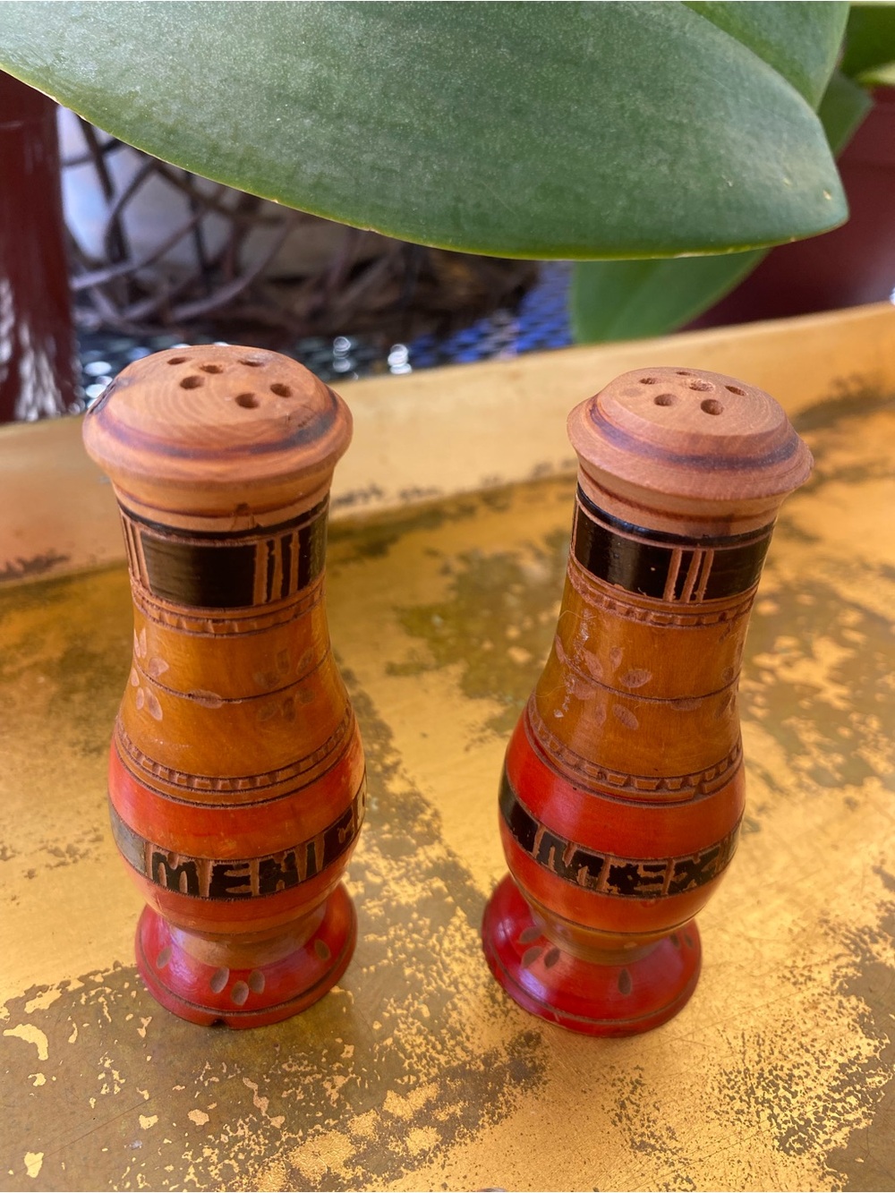 Handcrafted Wooden Salt and Pepper Shakers in Warm Brown and Red from Mexico